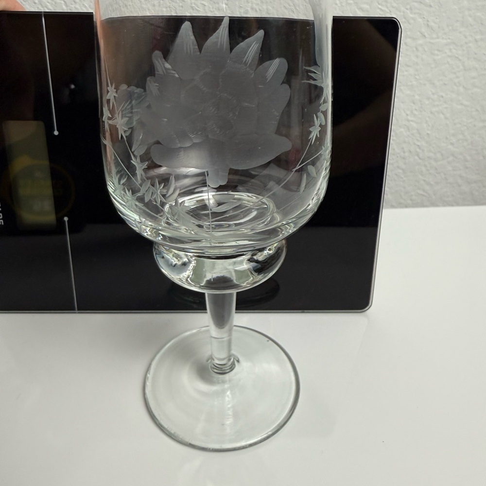 80's Crystal Clear Romanian Etched Flowers Handmade Pontil Mark 6" Wine Glass